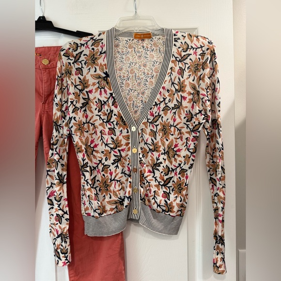 Tory Burch Coral Pants & Floral Cardigan Set XS Alexa Cropped Skinny Size 28 - Picture 2 of 9